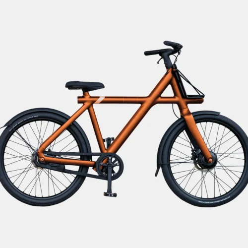 Modern orange bicycle with extended front frame, black accents, and disc brakes on white background.