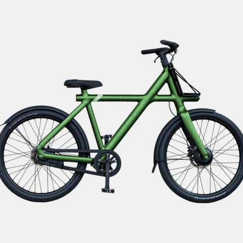 Modern green minimalist bike with black accents: Stylish, single-speed urban design for city cycling.